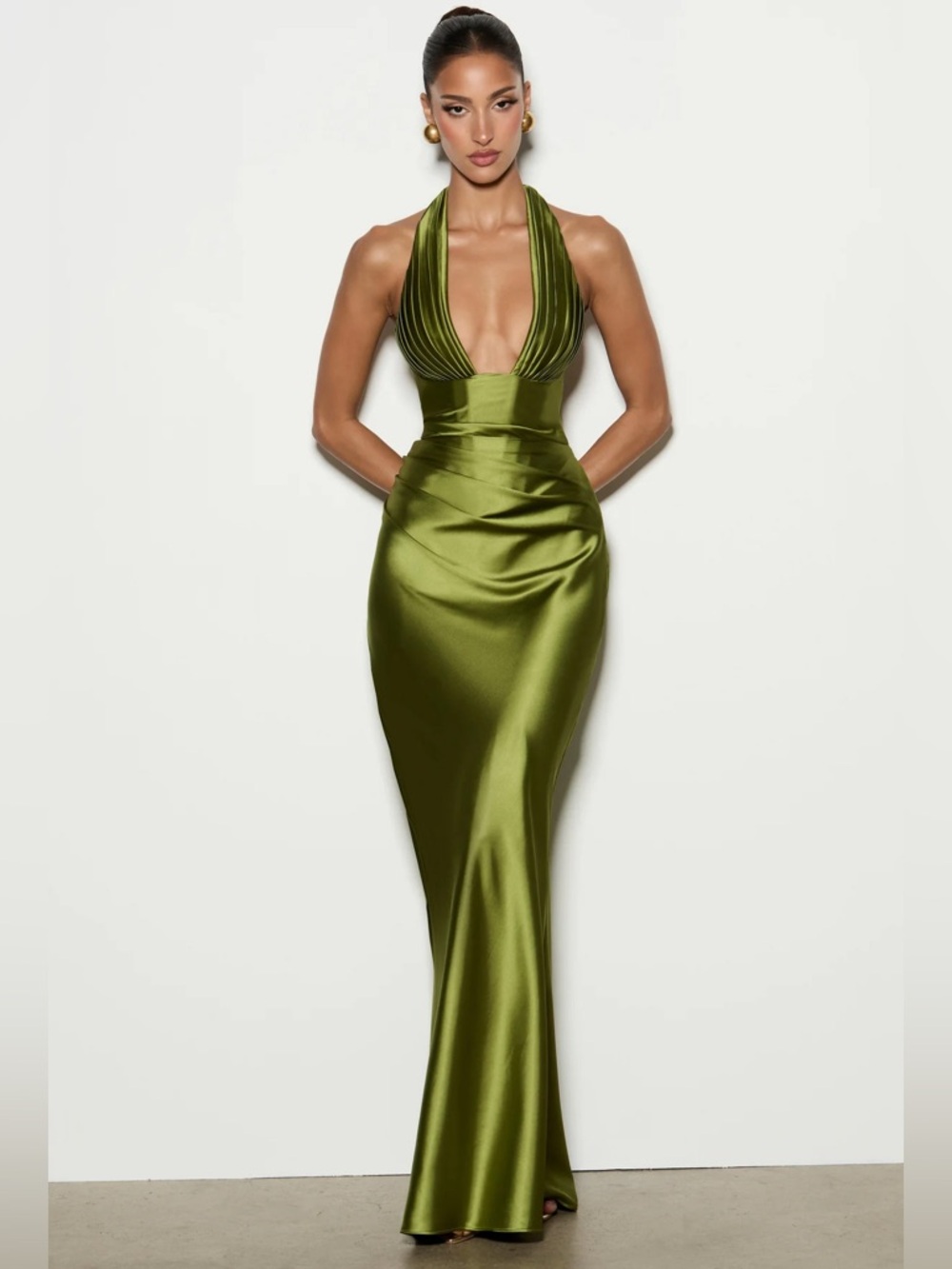 NWT Babyboo Elowen Olive Green Satin Halter Corset Maxi Dress Size XS
